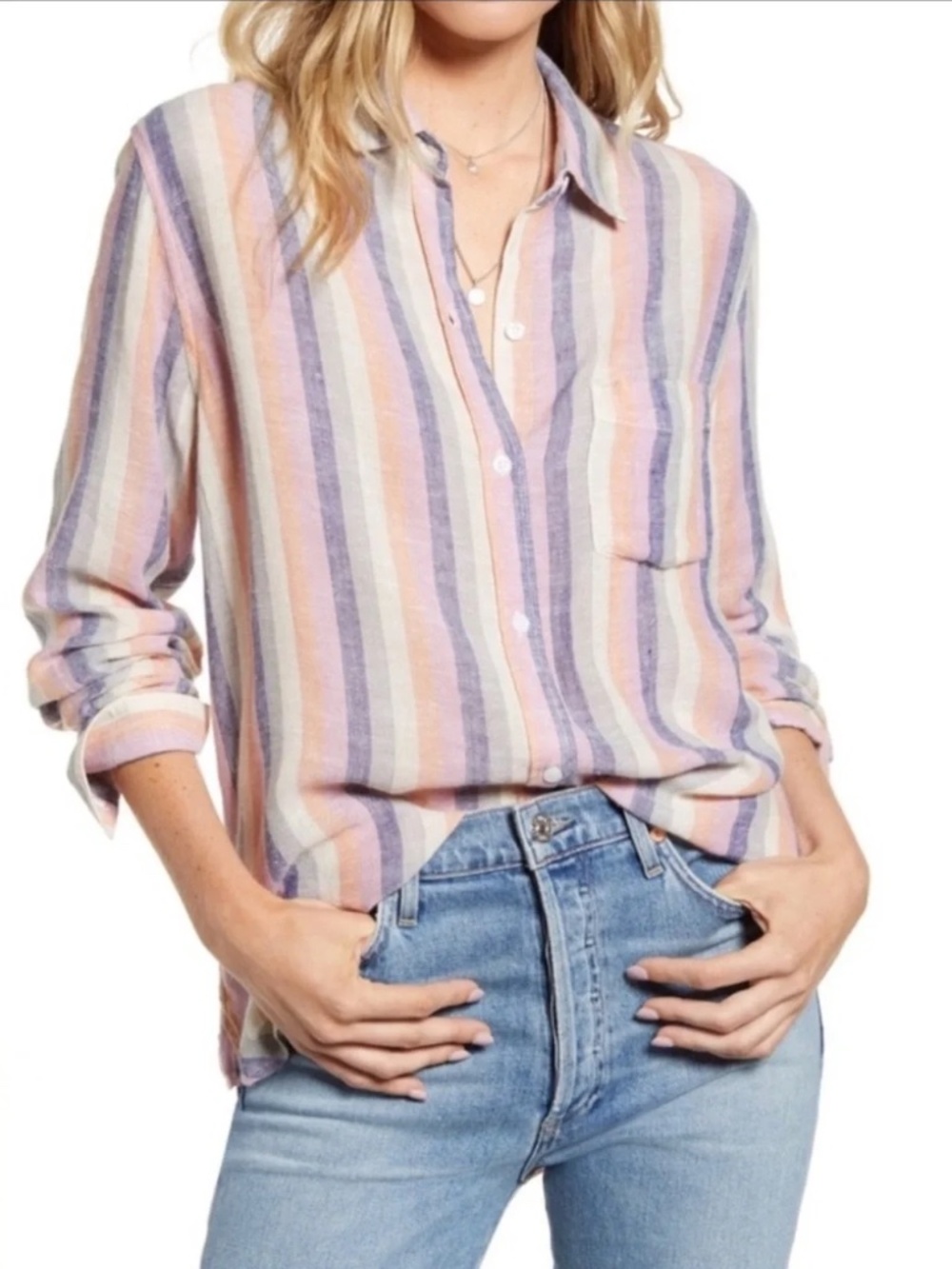 Rails Charli Mandalay Stripe Linen Blend Button Down Shirt S